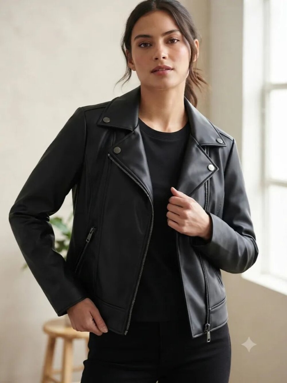 DKNY Black Faux Leather Moto Biker Jacket Size M